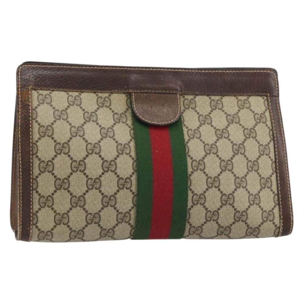 GUCCI GG Supreme Web Sherry Line Bag PVC Beige Red 37 014 2125 Auth ar13858